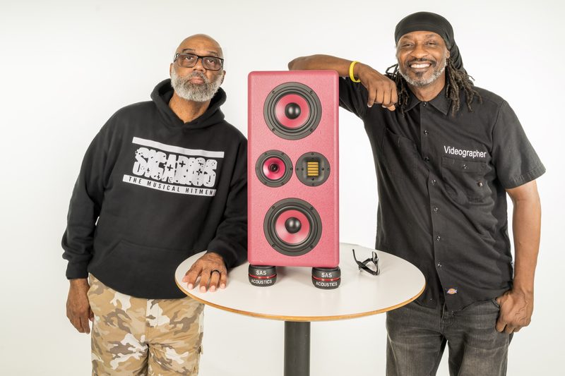 Rafael Capone and MouseQuake with a pink SAS Acoustics speaker