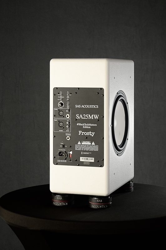 White 'Frosty' edition SAS Acoustics studio monitor, back panel, on black