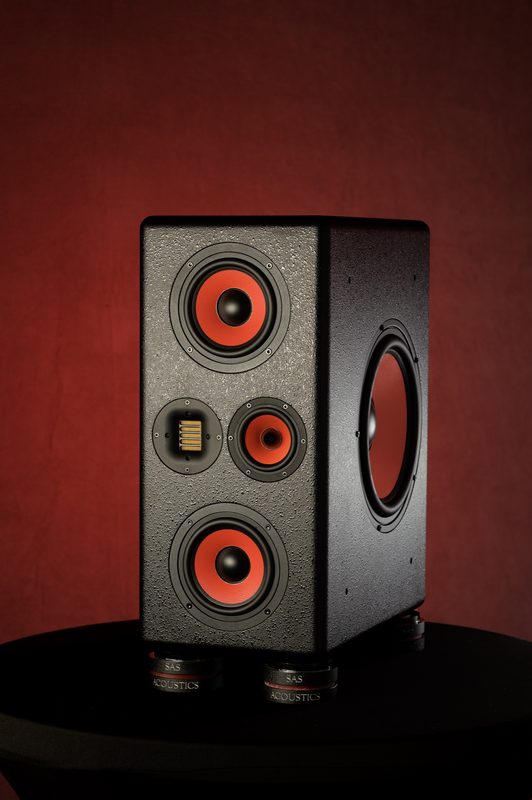 SAS Acoustics studio monitor with red drivers on a red backdrop
