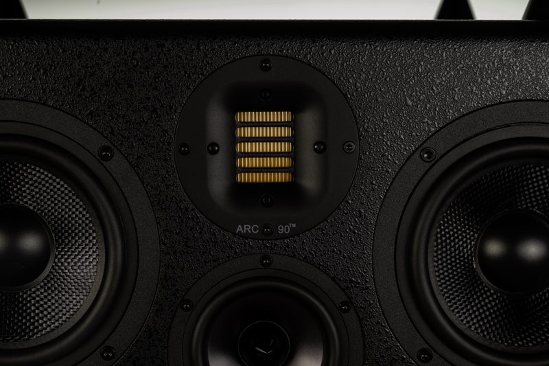Black SAS Acoustics speaker with ribbon tweeter, close-up